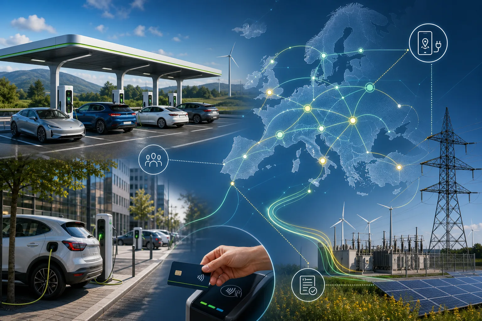 Redaktionelle Infografik zu E-Auto-Ladeinfrastruktur in Europa mit Schnellladepark, Autobahn, Stadt, Bezahlung und Stromnetz.