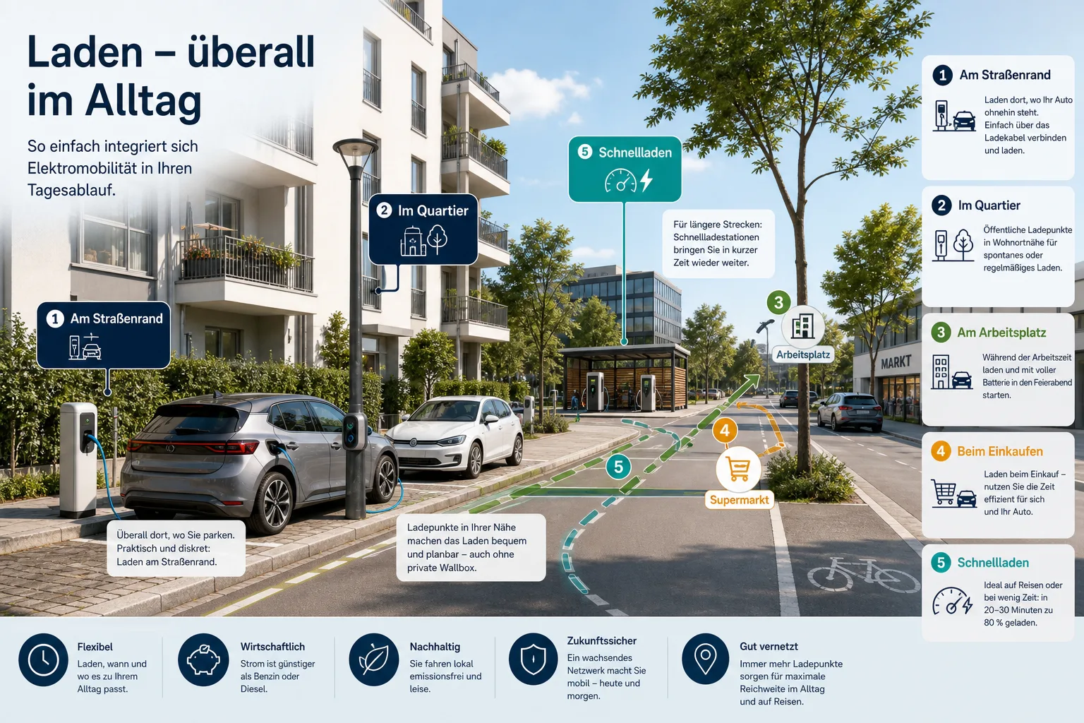 Redaktionelle Infografik zu Ladeorten für E-Autos ohne eigene Wallbox in Stadtquartieren.