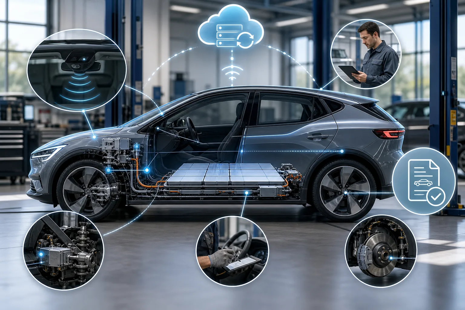 Editoriale Infografik zu E-Auto-Rückrufen mit Software-Update, Batterie, Sensorik und Werkstattprüfung.