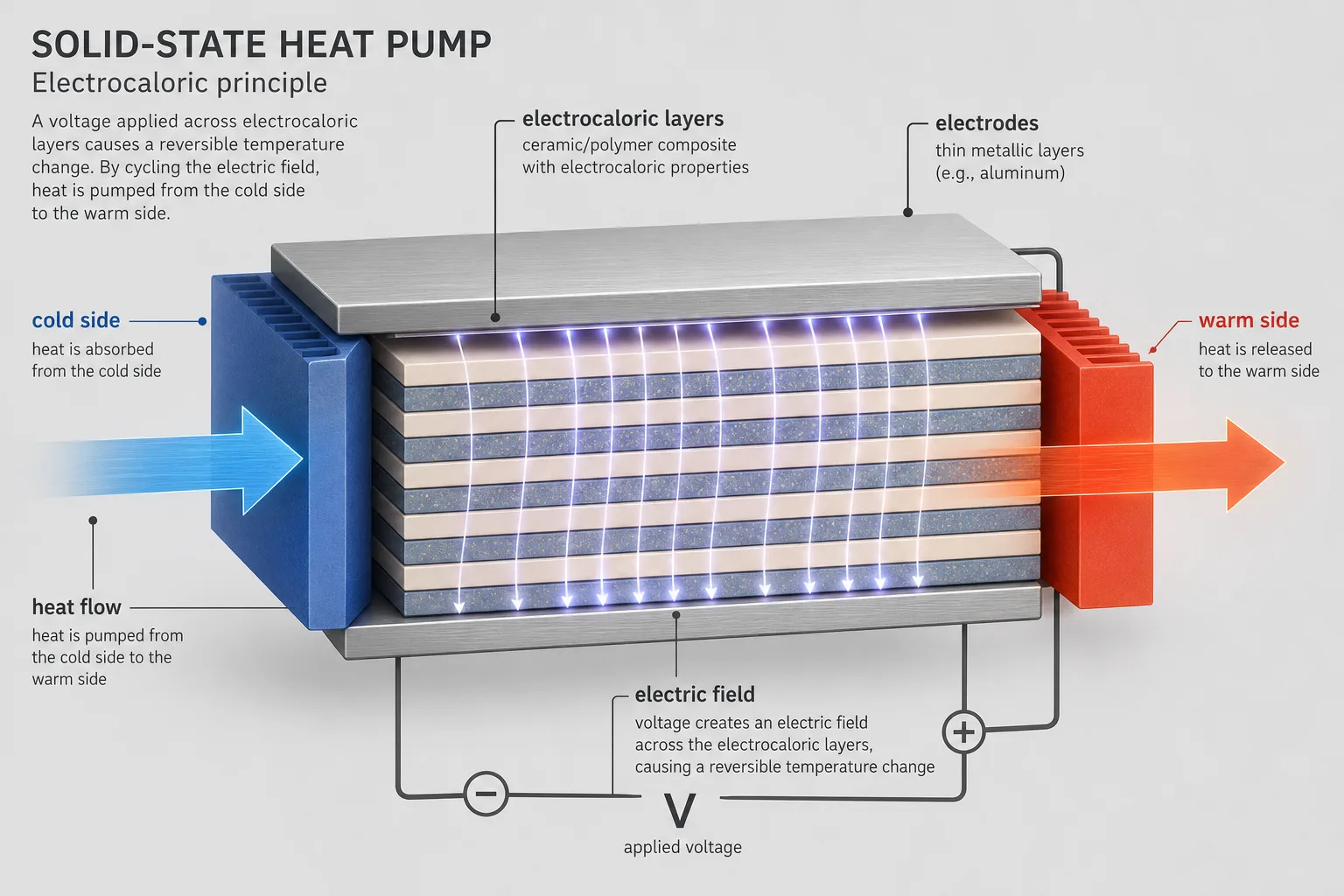 Schematische Darstellung einer elektrokalorischen Festkörper-Wärmepumpe mit Materialschichten, Elektroden und Wärmefluss.