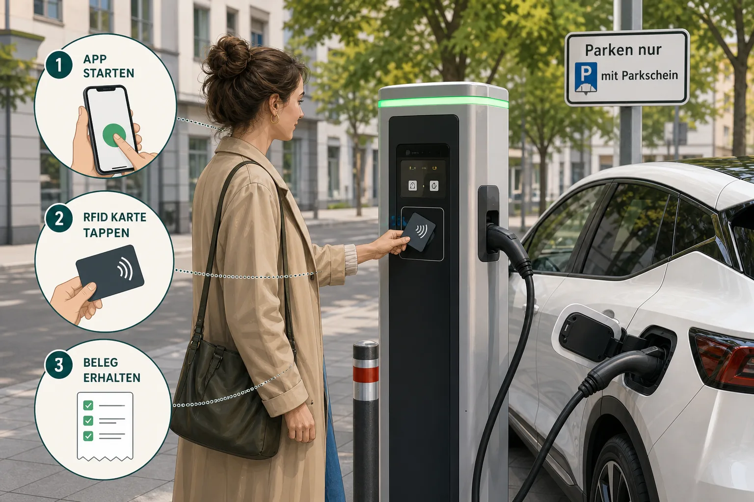 E-Auto an oeffentlicher Ladesaeule mit App-Start, Ladekarte und Kostenbeleg als abstrakte Hinweise.