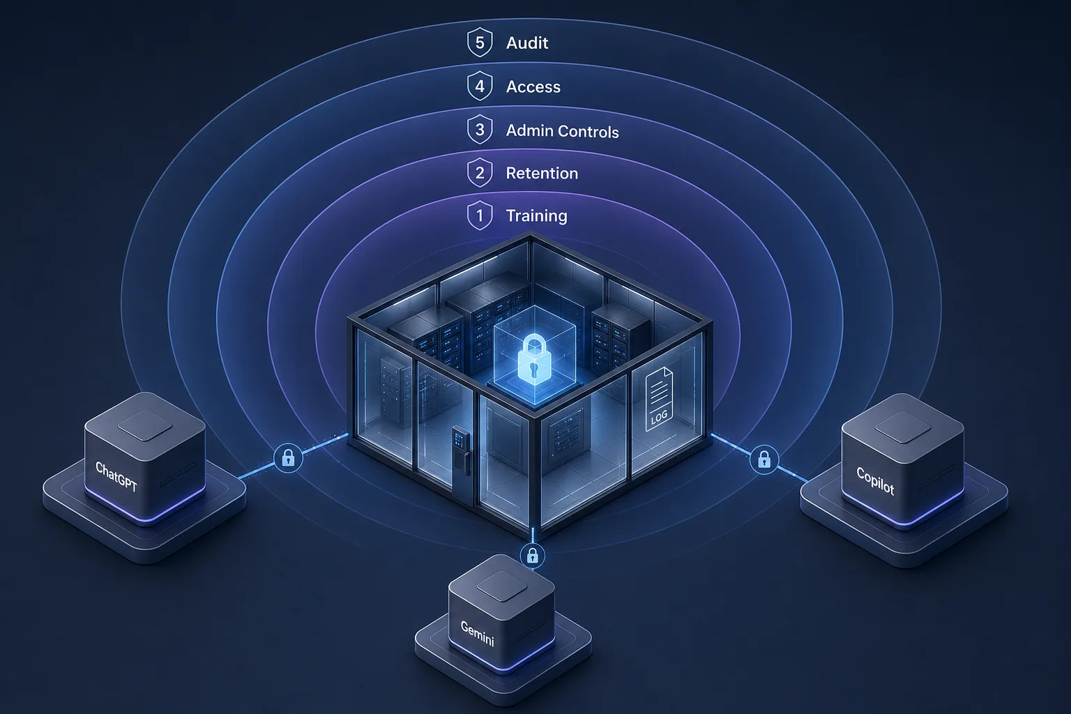 Isometrische Grafik zu Enterprise-Privacy, Datenraum und KI-Diensten