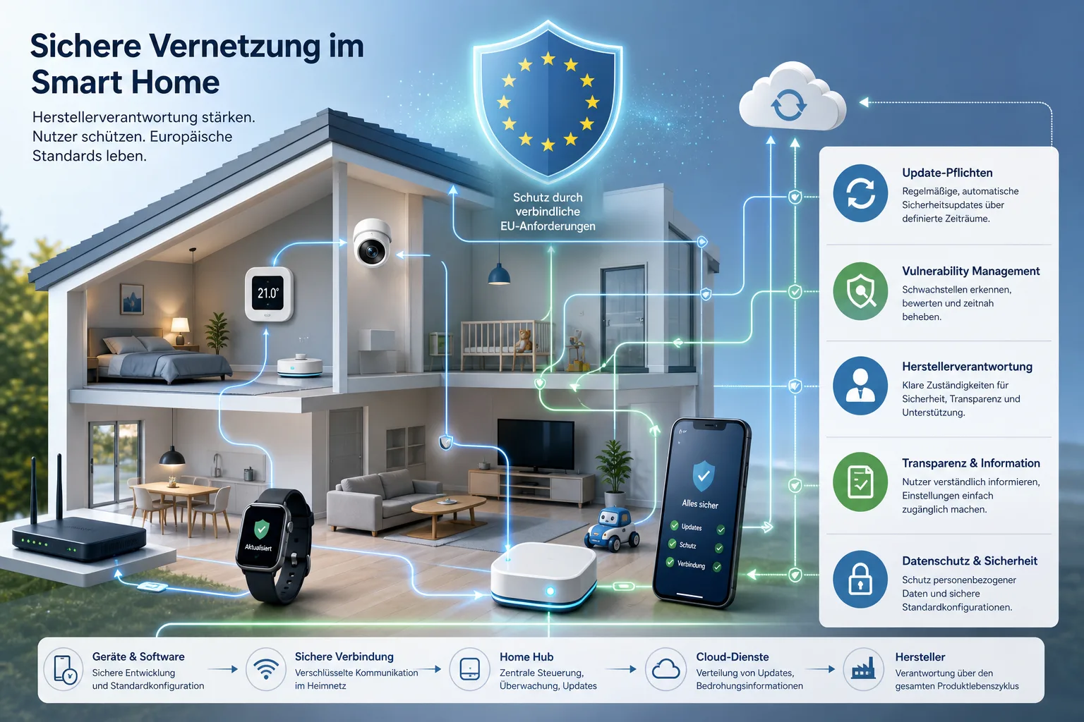 Redaktionelle Infografik eines europäischen Smart Homes mit vernetzten Geräten, Schutzschild und Sicherheitslinien.