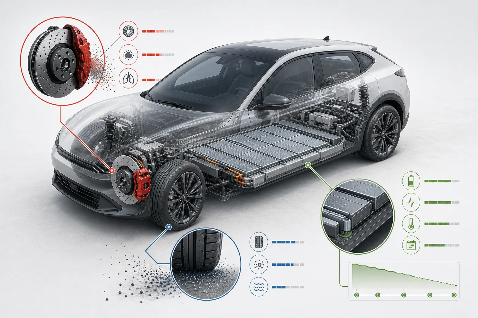 Editorial-Grafik eines generischen Elektroautos mit markierten Bremsen, Reifenabrieb und Batteriepaket ohne Logos