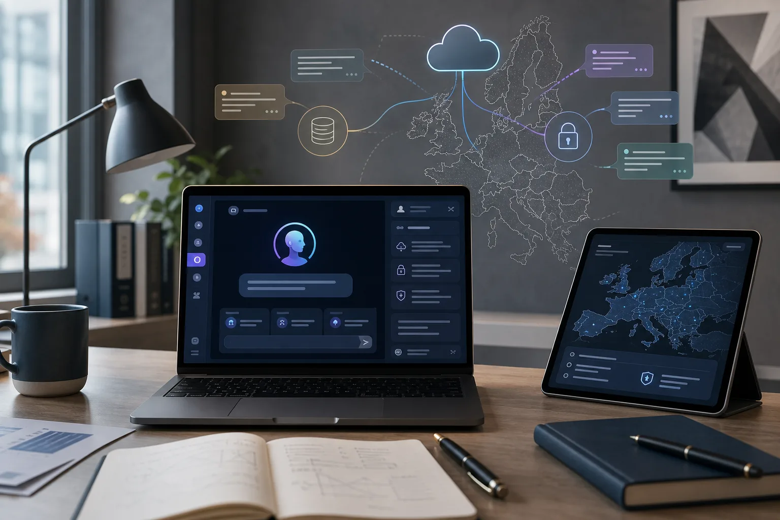 Redaktionelles Bild eines europäischen Arbeitsplatzes mit abstraktem KI-Assistenten, Cloud- und Kontrollsymbolen.
