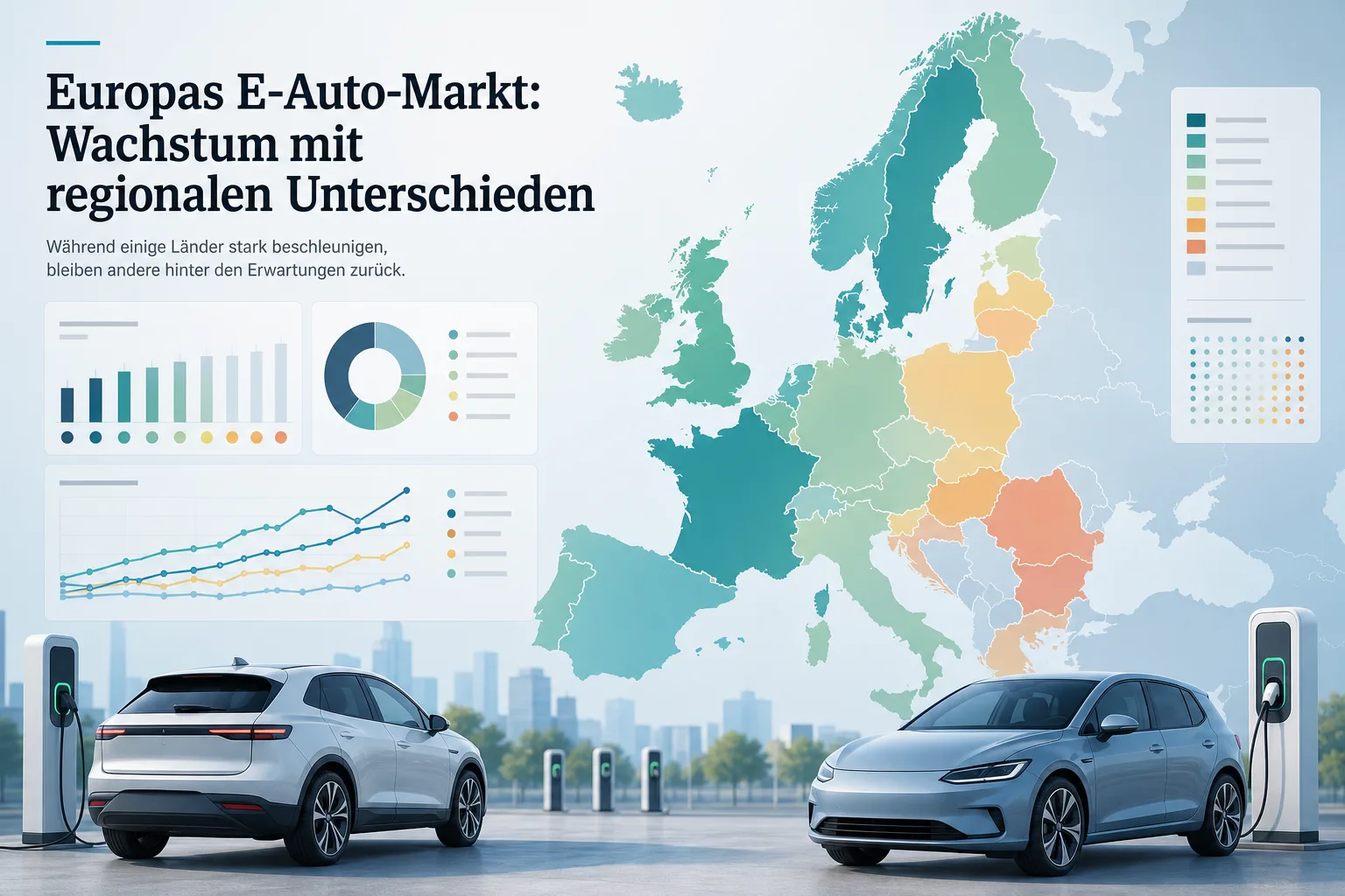 Editorial-Infografik zu Europas ungleich wachsendem E-Auto-Markt mit Karte, Ladepunkten und Fahrzeugen