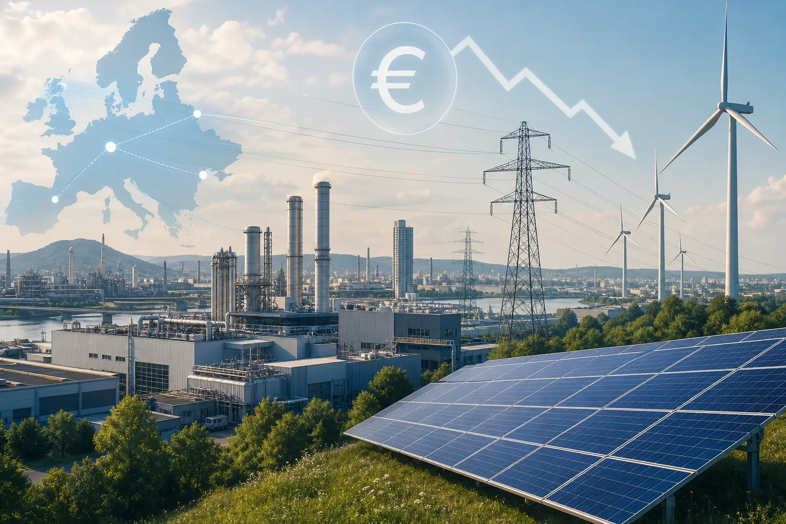 Moderne europäische Industrielandschaft mit sauberer Energie, Stromleitungen und dezenten Symbolen für Energiepreise und Wettbewerbsfähigkeit