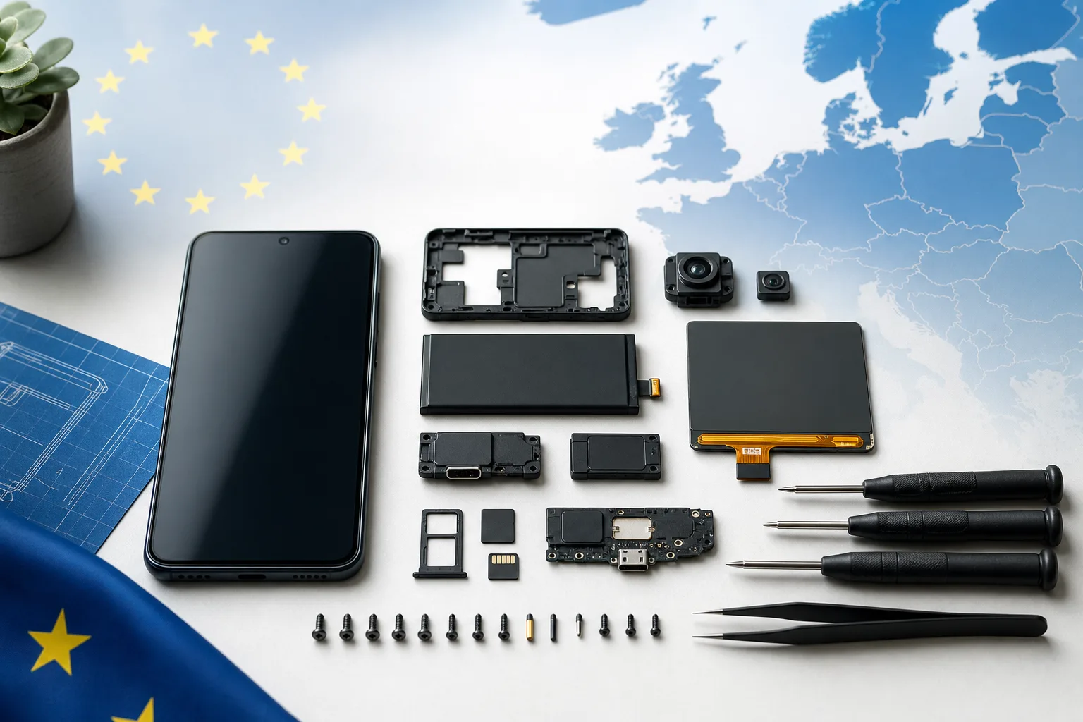 Editoriale Infografik eines generischen Smartphones mit Ersatzteilen und Reparaturwerkzeug vor europäischem Kontext