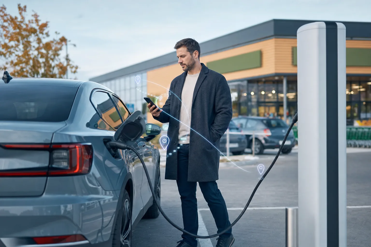 E-Auto an einer öffentlichen Ladesäule, während eine Person am Smartphone eine Route mit Ladestopps prüft.