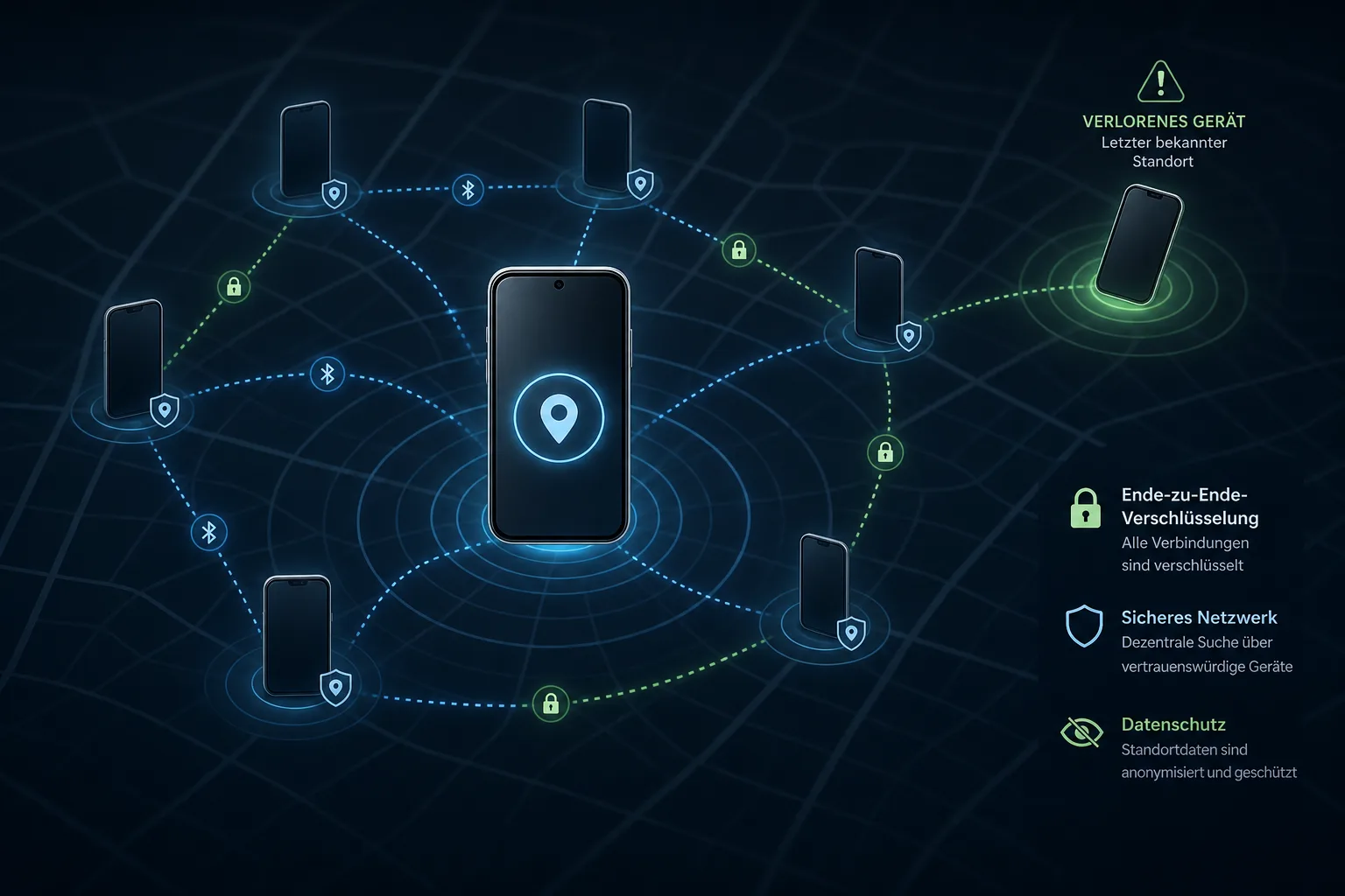 Schematische Darstellung eines Offline-Ortungsnetzwerks mit Smartphones, Bluetooth-Signalen und Datenschutz-Symbolen.