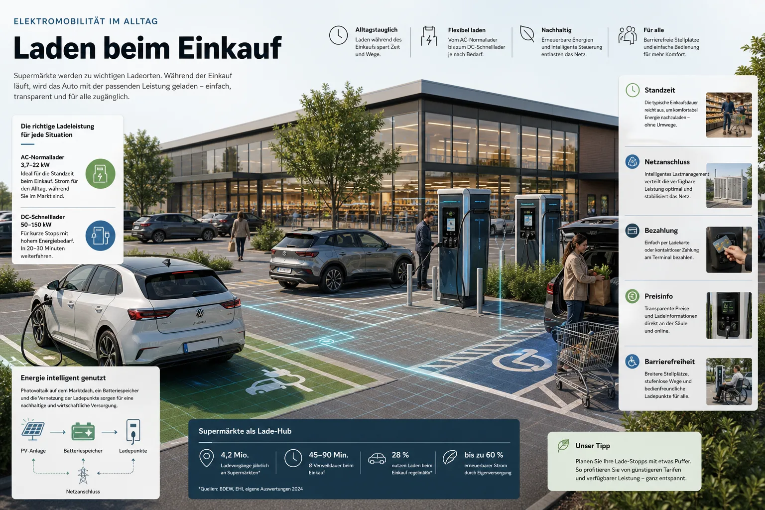 Editoriale Infografik zu Supermarkt-Laden mit Standzeit, Netzanschluss, Bezahlung, Preisinfo und Barrierefreiheit.