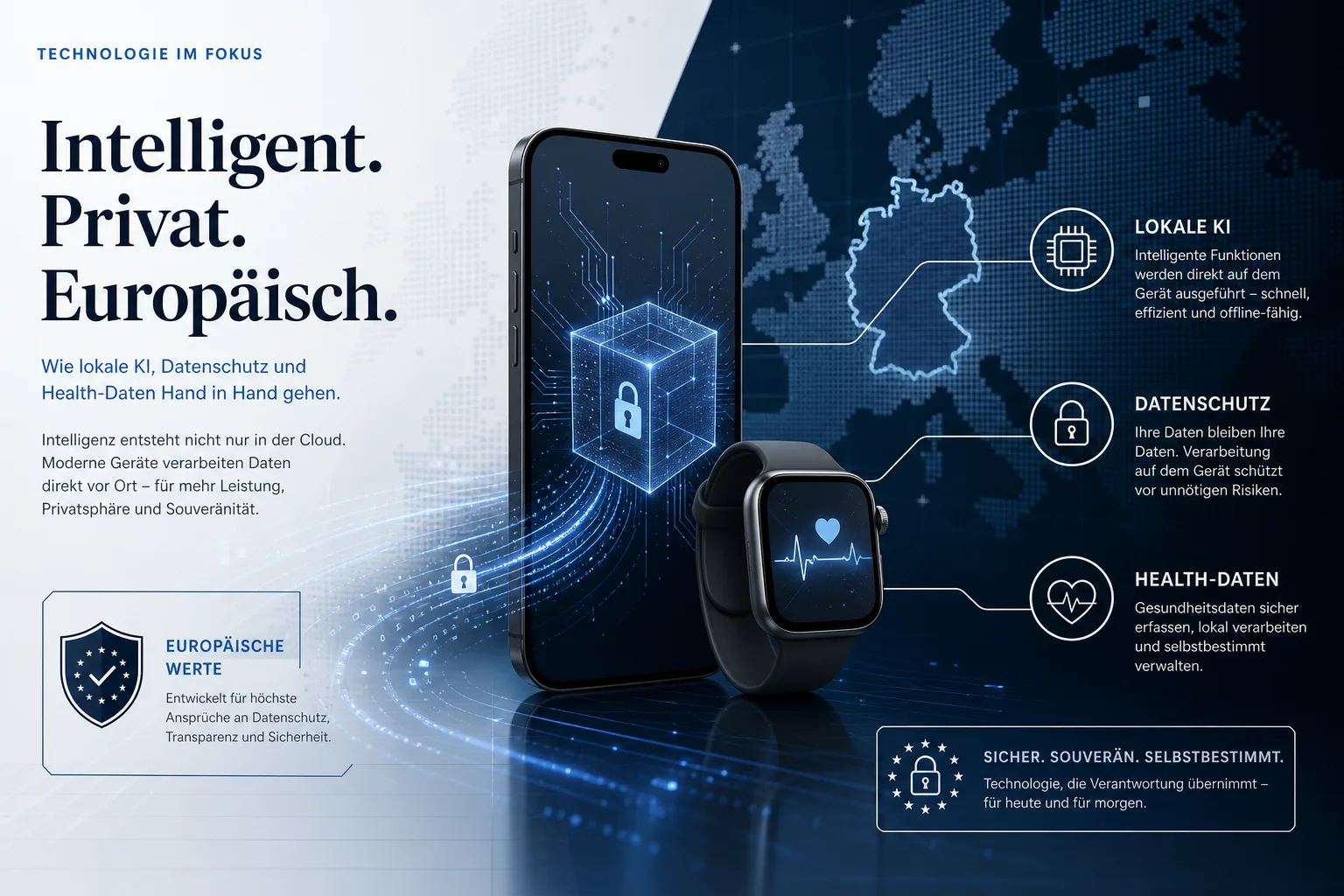 Infografik zu iPhone, Apple Watch, lokaler KI und Datenschutz