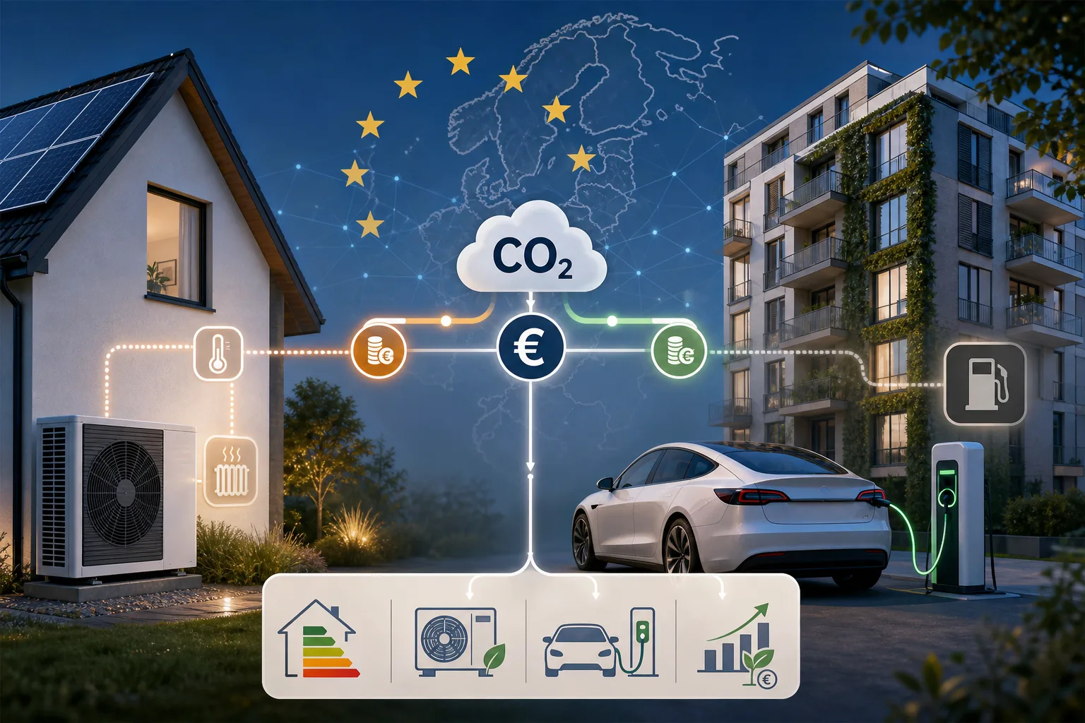 Redaktionelle Infografik zu ETS2 mit Wärmepumpe, Gebäudesanierung, E-Auto, Ladepunkt und Kraftstoffkosten.