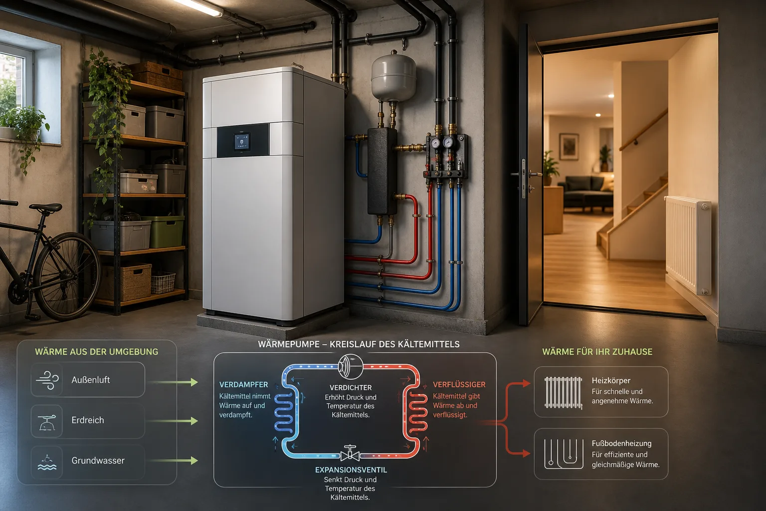 Redaktionelle Visualisierung einer Wärmepumpe im sanierten Altbau mit Kältemittelkreislauf, Vorlauf und Rücklauf.