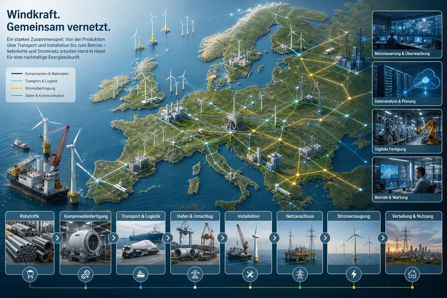 Infografik zu Europas Windindustrie, Netzen, Häfen und Lieferketten
