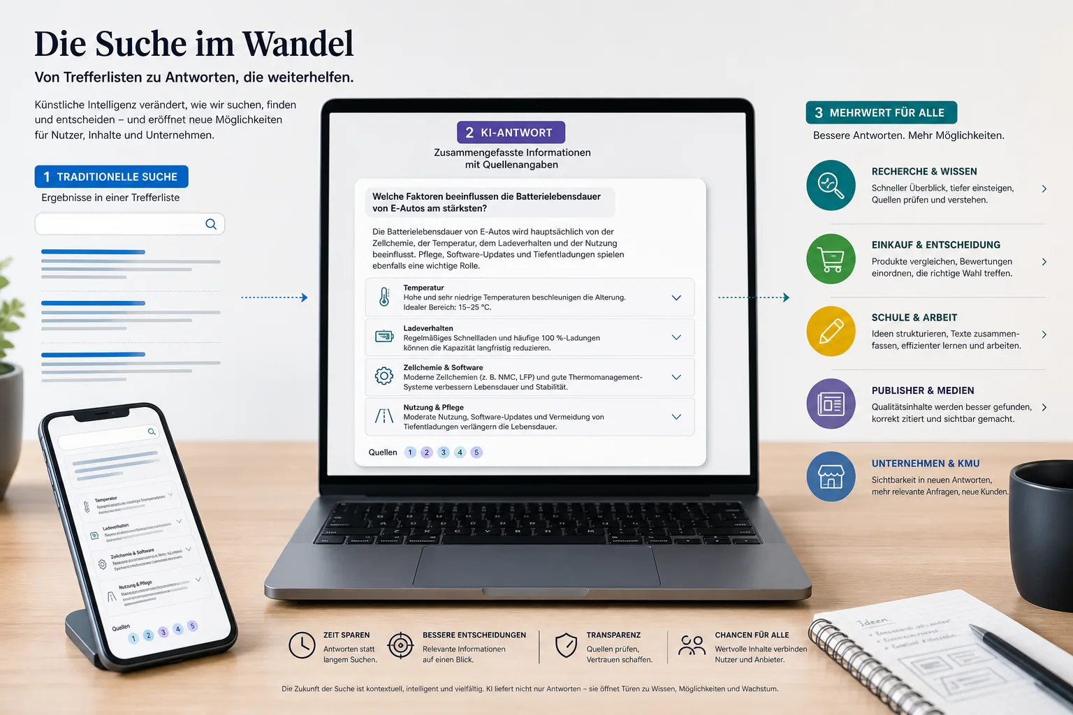 Infografik zu KI-Browsern, Antwort-Apps und klassischer Websuche