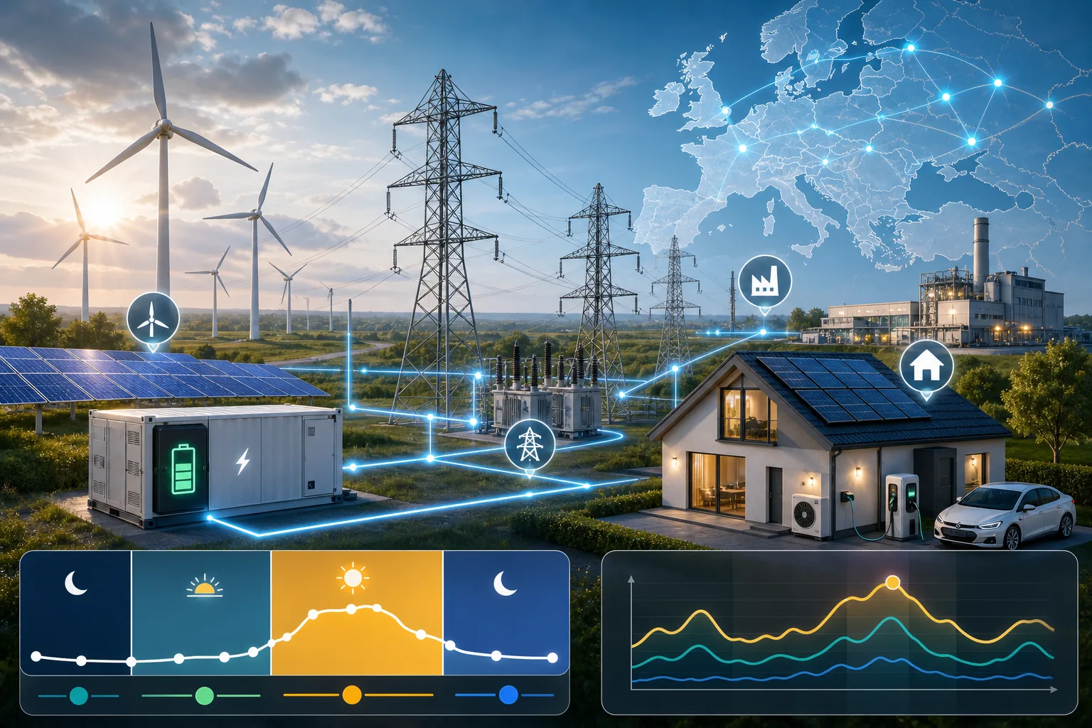 Illustration eines europäischen Stromnetzes mit Windkraft, Solar, Speicher, Wärmepumpe, E-Auto und Industrie als Symbol für flexible Tarife und Stromkosten.