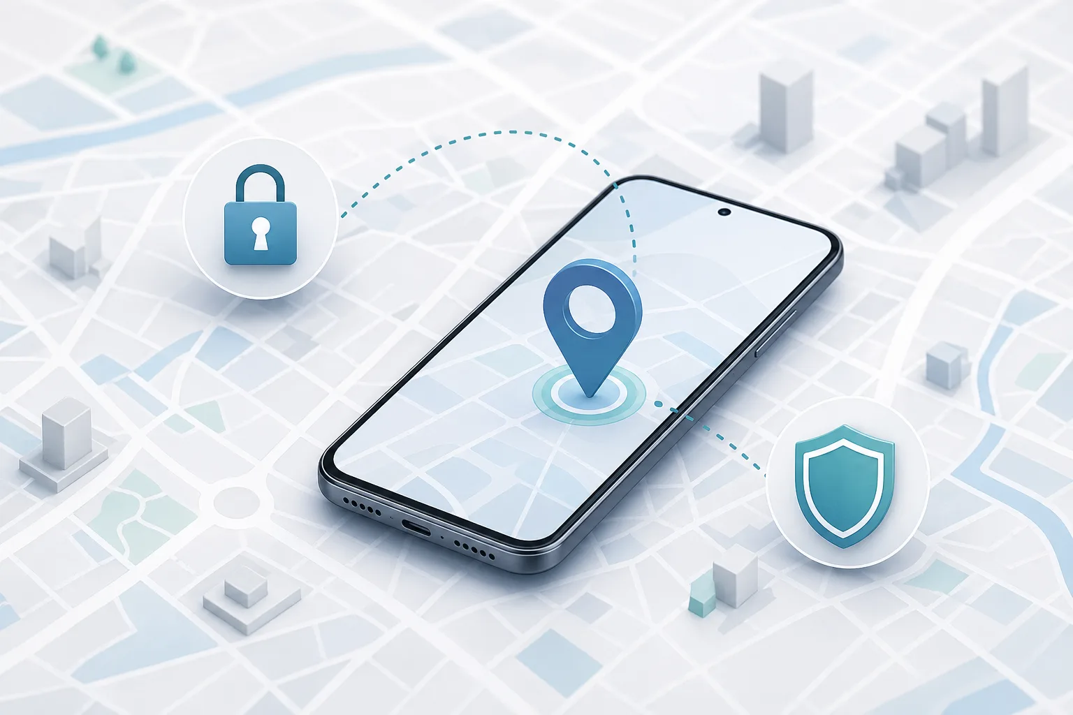 Illustration eines Android-Smartphones mit Standort-Pin, Schloss und Sicherheits-Symbolen für die Vorbereitung von Mein Gerät finden.