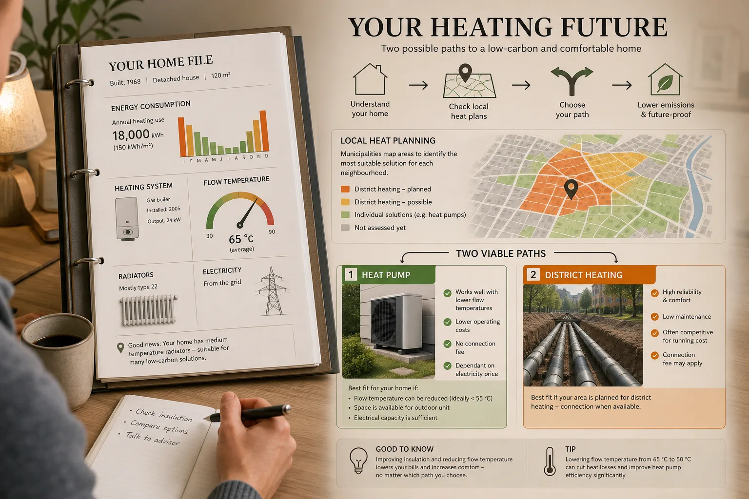 Infografik zeigt Hausakte mit Energieverbrauch, Vorlauftemperatur, Heizflächen, Netzanschluss und kommunaler Wärmeplanung.