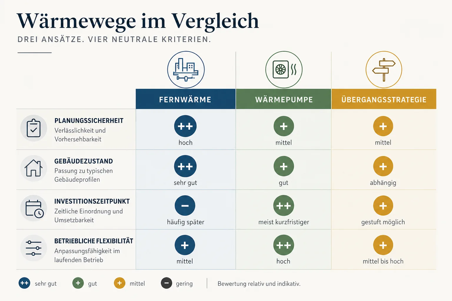Infografik vergleicht Fernwärme, Wärmepumpe und Übergangslösung nach Planungssicherheit, Gebäudestand und Investitionszeitpunkt.