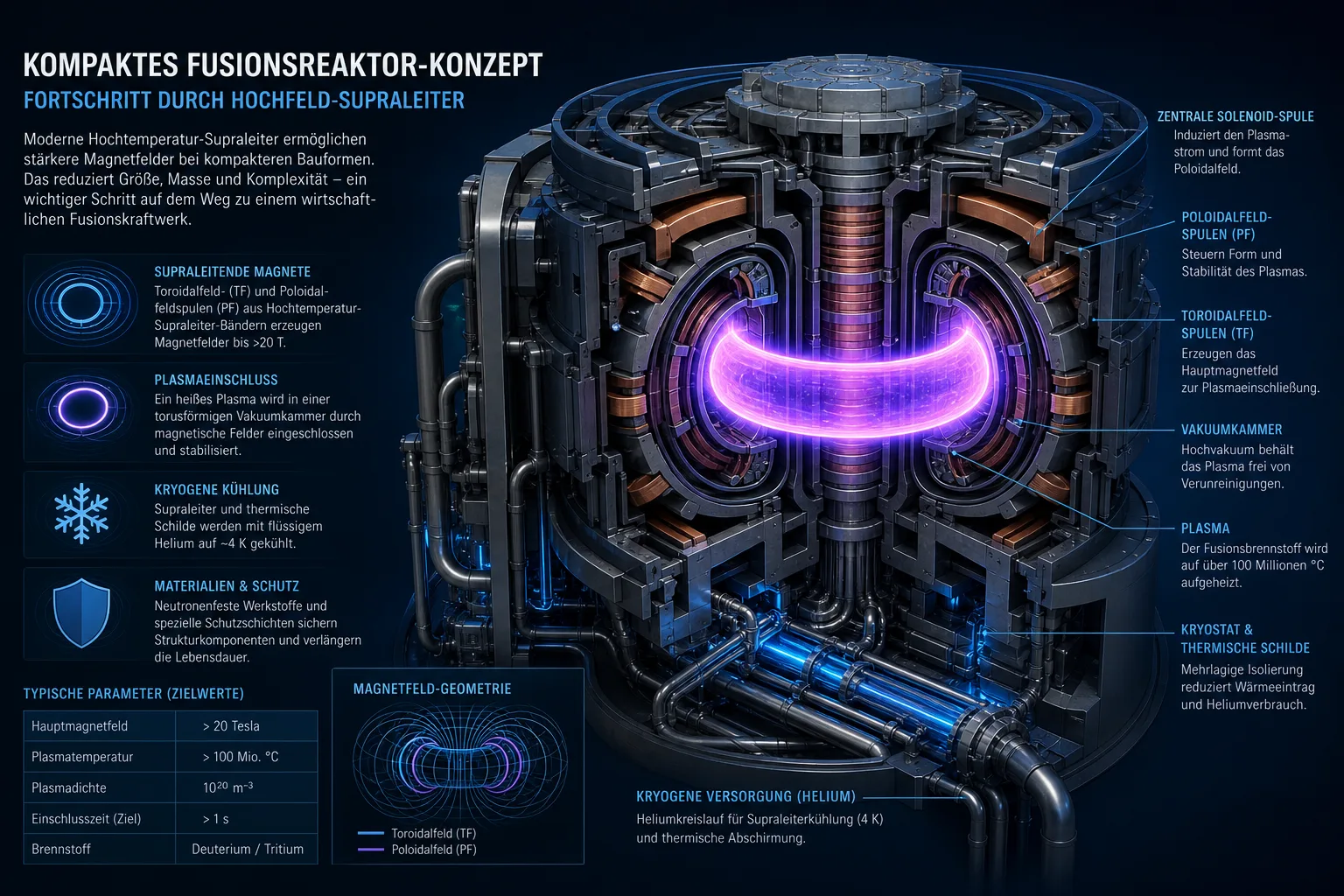 Editorial-Infografik eines Fusionsreaktors mit Plasma, supraleitenden Magnetspulen und Kühltechnik.