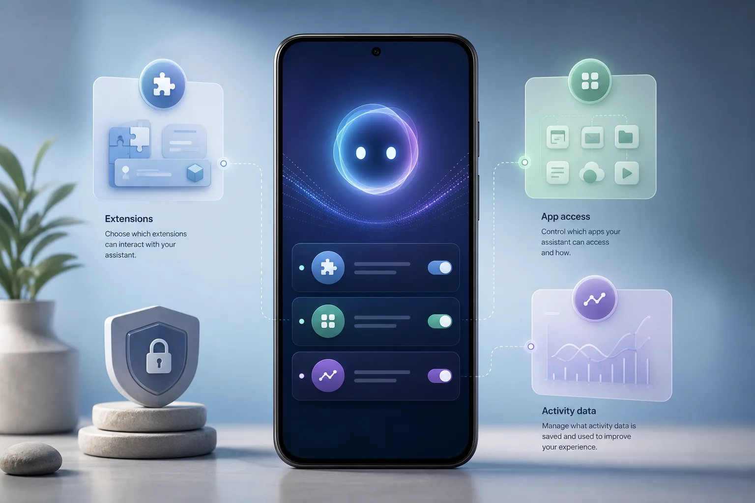 Android-Smartphone mit abstrakter Gemini-KI und Einstellbereichen für Erweiterungen, App-Zugriff und Aktivitätsdaten.