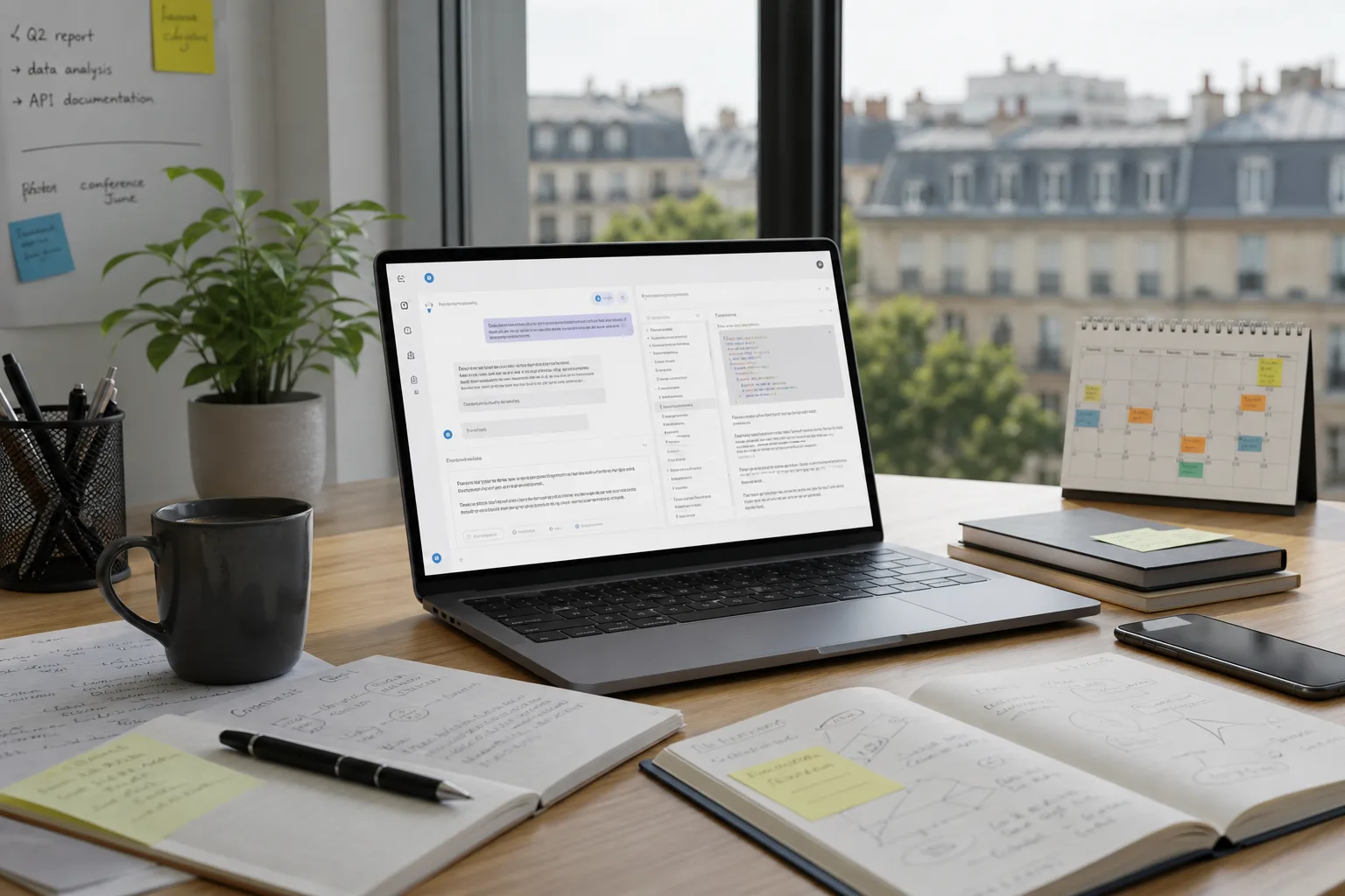 Arbeitsplatz mit Laptop, Notizen und abstrakter KI-Oberfläche für Büro- und Entwickleraufgaben.