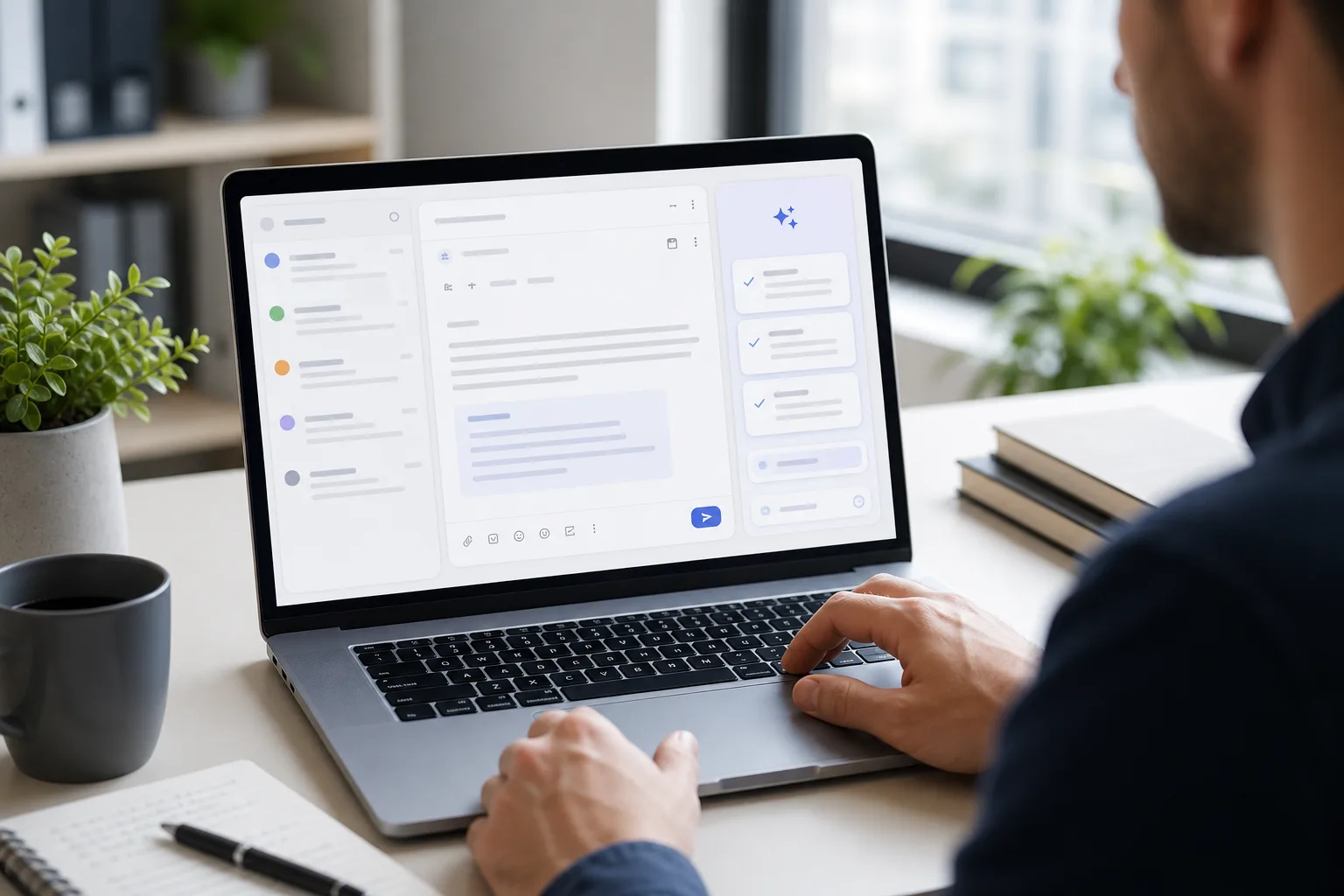 Abstrakte Darstellung eines KI-Assistenten, der beim Pruefen und Formulieren von E-Mails hilft.