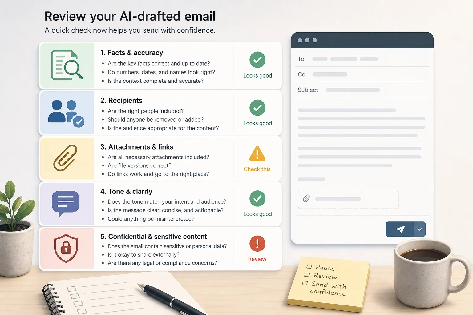 Checkliste zum Pruefen einer KI-formulierten E-Mail vor dem Senden.