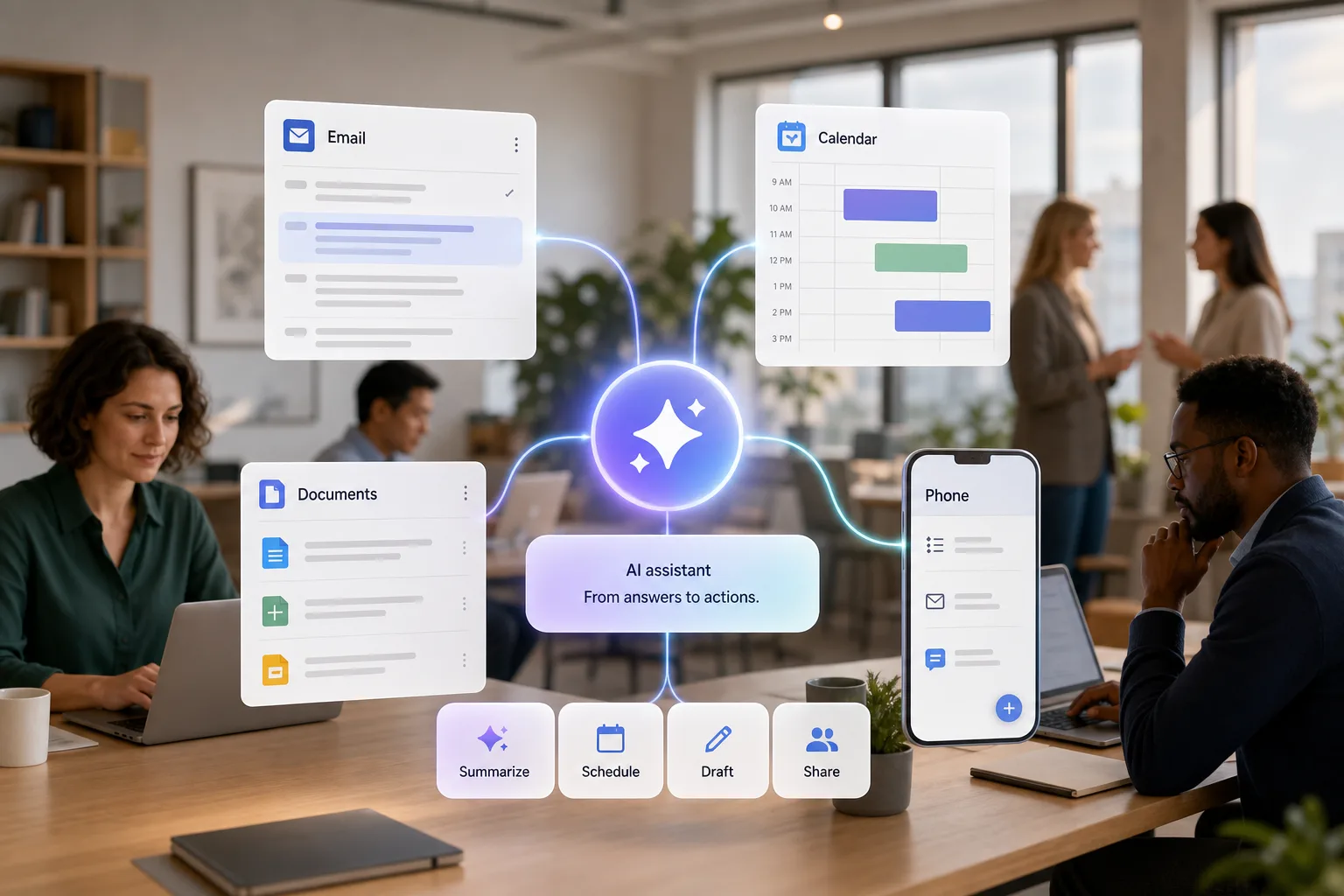 Abstrakte KI-Arbeitsoberfläche mit E-Mail, Kalender, Dokumenten und Smartphone als Symbol für Gemini in Google-Diensten.