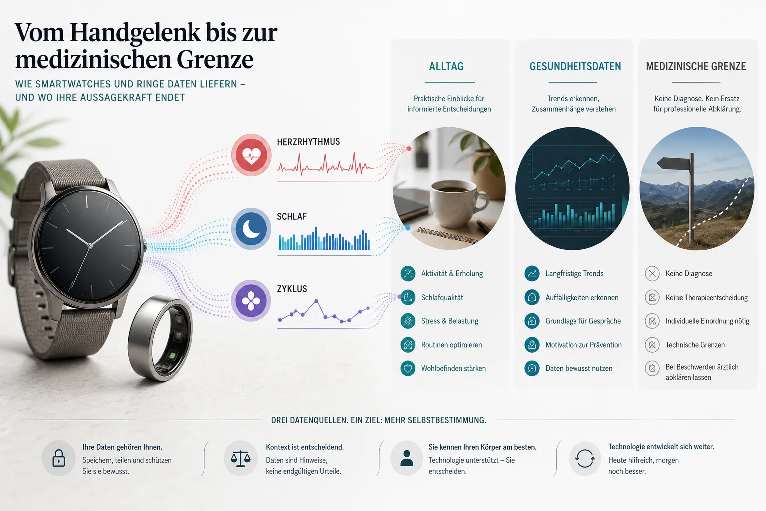 Editoriale Infografik mit Smartwatch, Smart Ring und Datenströmen für Herzrhythmus, Schlaf und Zyklusdaten