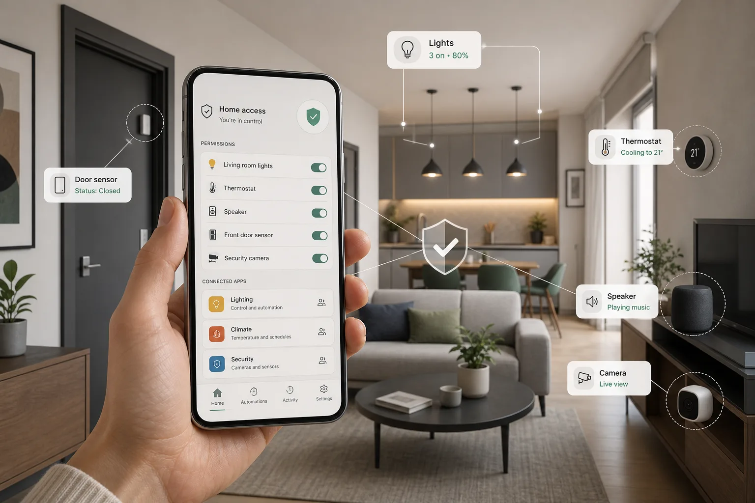 Editorial-Infografik mit Smartphone, App-Berechtigungen und vernetzten Smart-Home-Geräten
