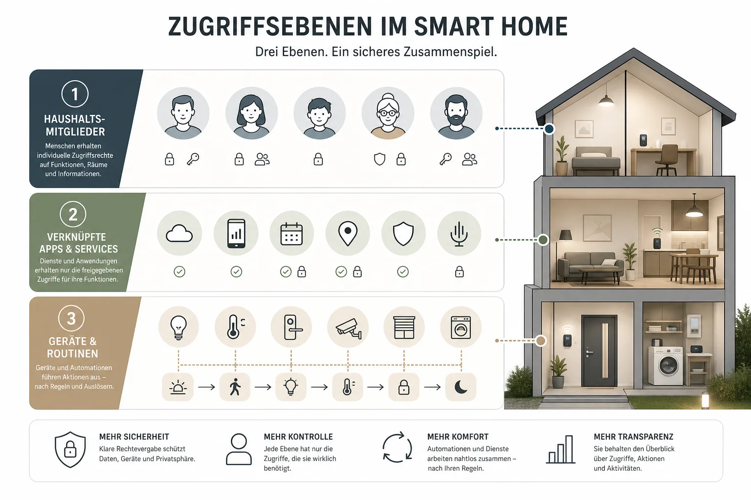 Infografik zu Haushaltsmitgliedern, Apps und Geräten als Ebenen von Smart-Home-Zugriff