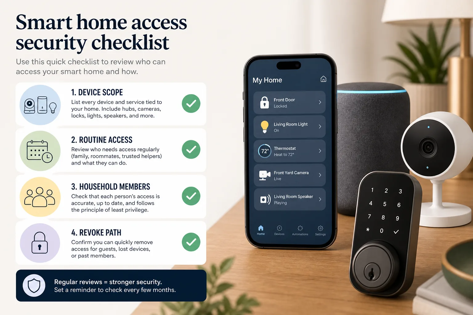 Checkgrafik für Smart-Home-App-Zugriff mit Geräteumfang, Routinezugriff und Widerruf