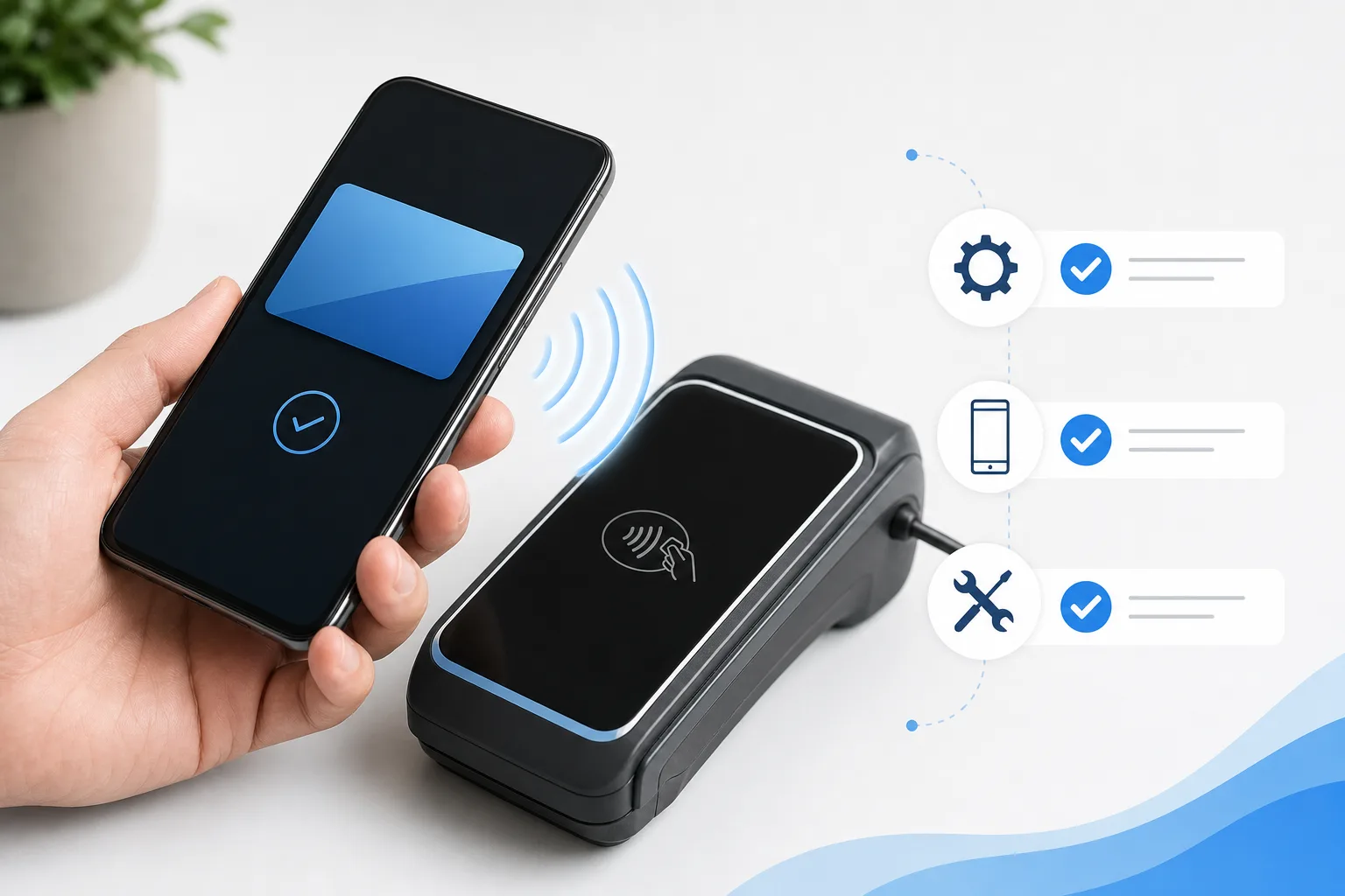 Android-Smartphone vor einem kontaktlosen Zahlungsterminal mit NFC-Symbolen und Checkliste für Google Wallet.