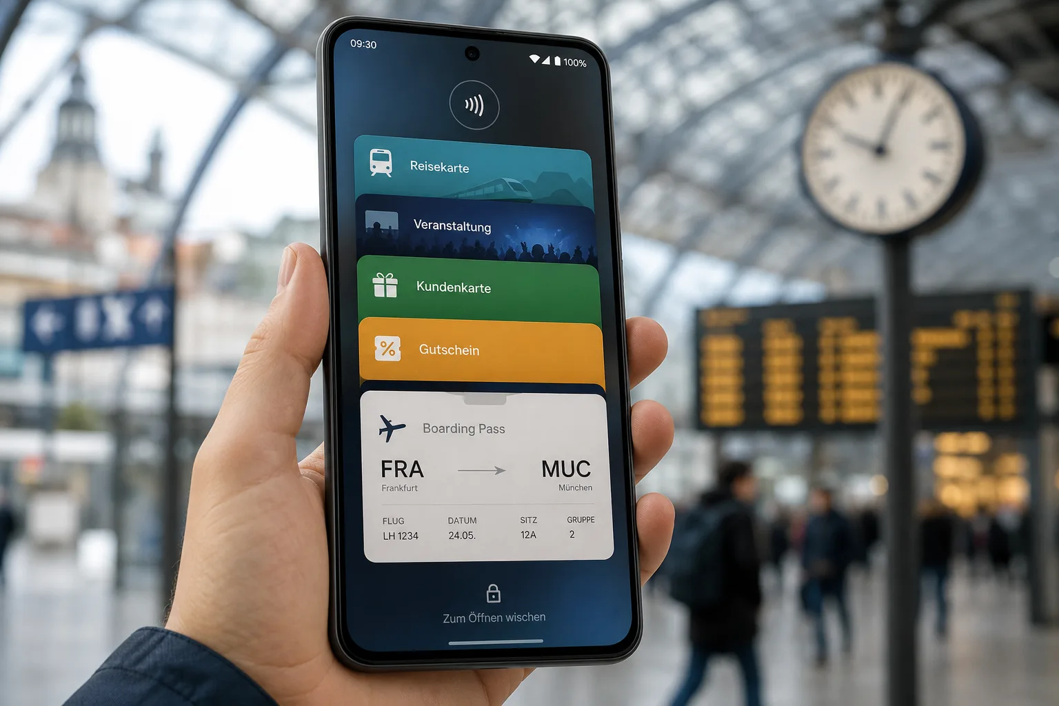 Android-Smartphone mit digitalen Tickets und Bordkarten in einer Wallet-Ansicht.