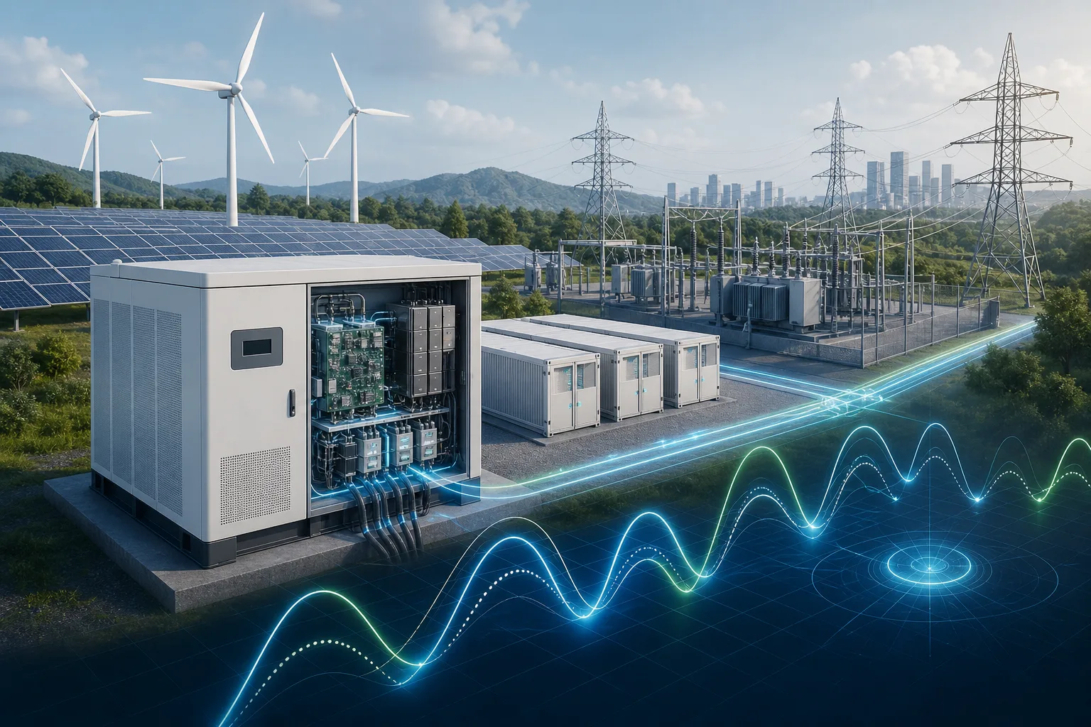 Technische Illustration eines netzbildenden Wechselrichters im Stromnetz