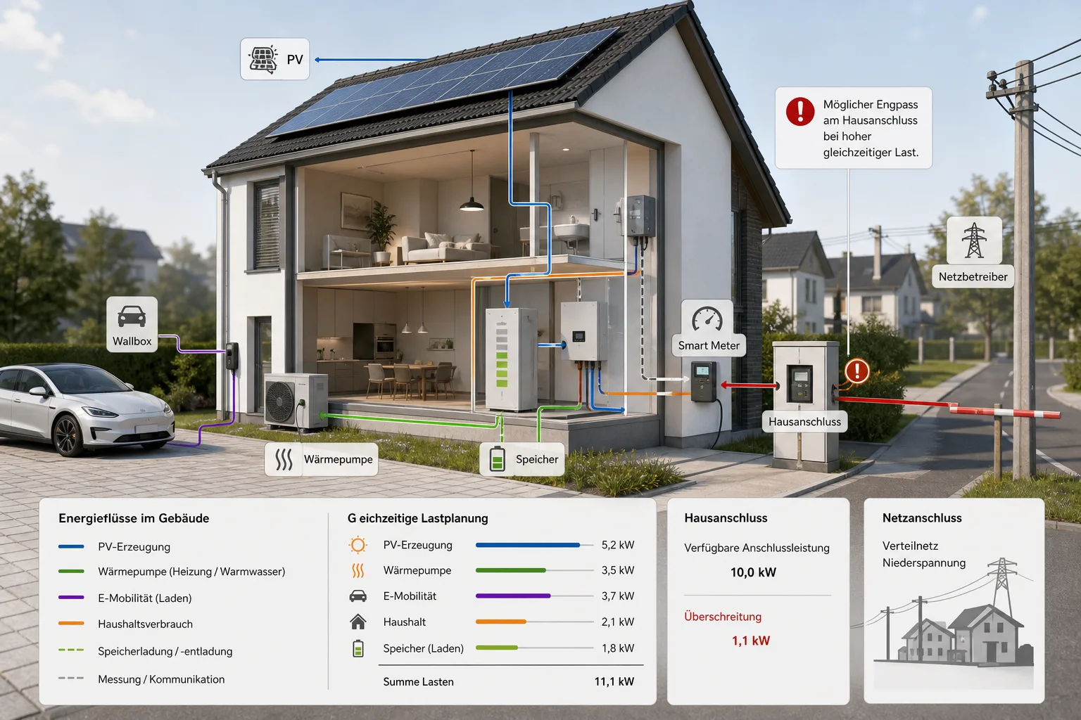 Editoriale Infografik eines Hauses mit Wallbox, Wärmepumpe, PV, Speicher, Smart Meter und Netzanschluss.