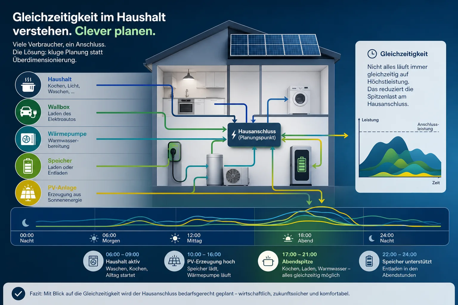Infografik zur Gleichzeitigkeit von Wallbox, Wärmepumpe, Haushalt, PV und Speicher am Hausanschluss.