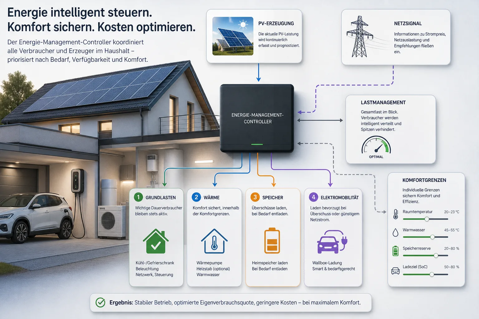 Infografik zu Lastmanagement mit Wallbox, Wärmepumpe, Speicher und Energiemanagement am Hausanschluss.
