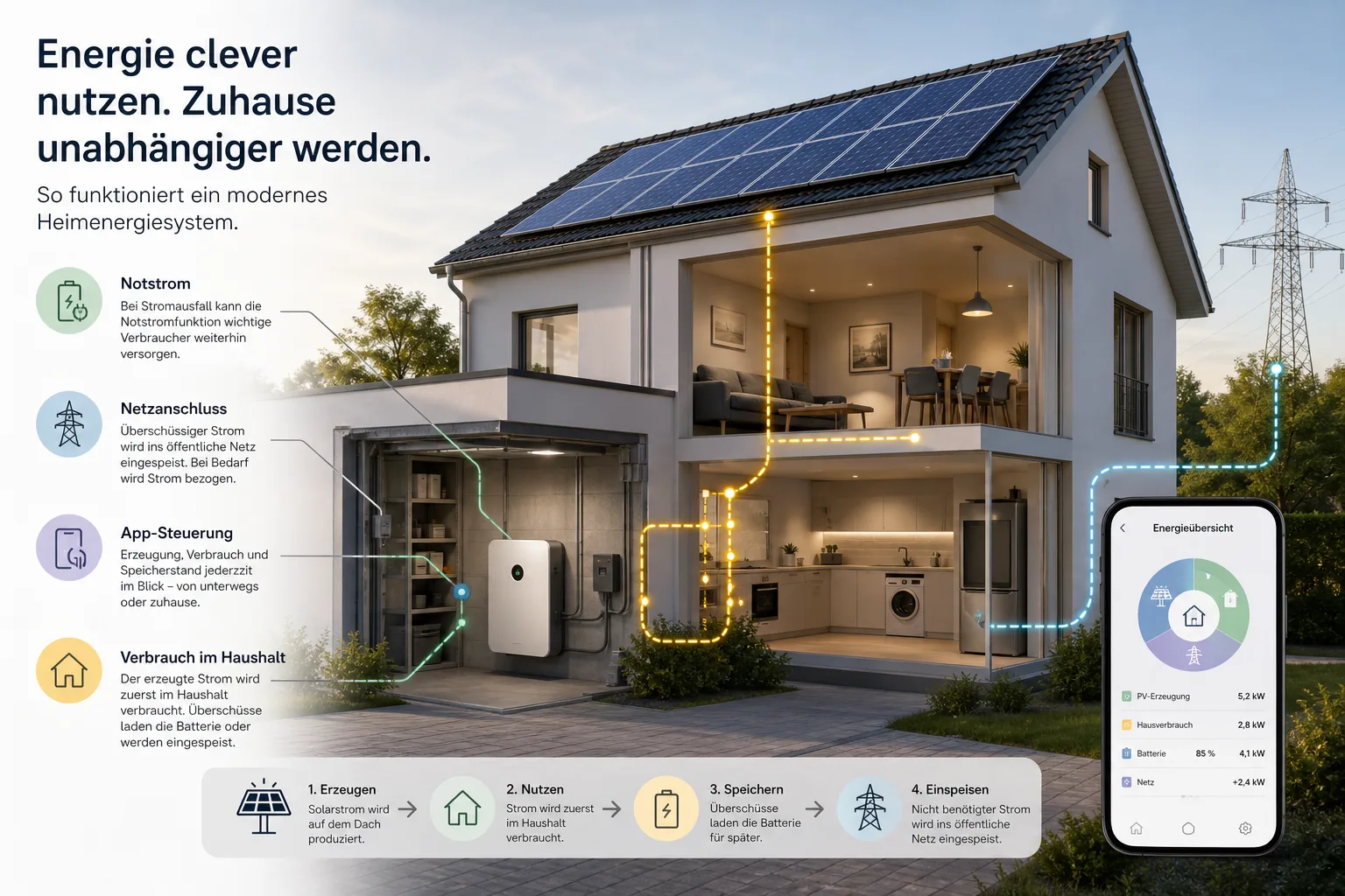 Editorial-Infografik zu Heimspeicher, Notstrom, Netzanschluss und App-Steuerung im Haushalt.