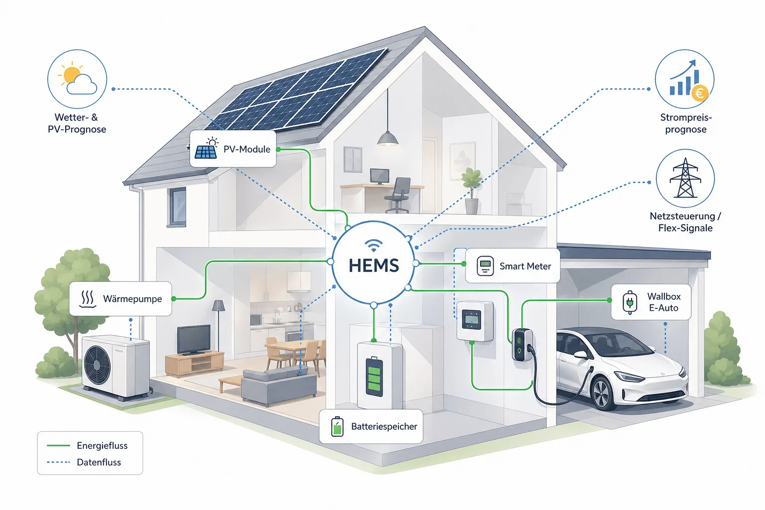Erklärdiagramm eines Home Energy Management Systems mit PV, Wärmepumpe, Speicher, Wallbox und Smart Meter