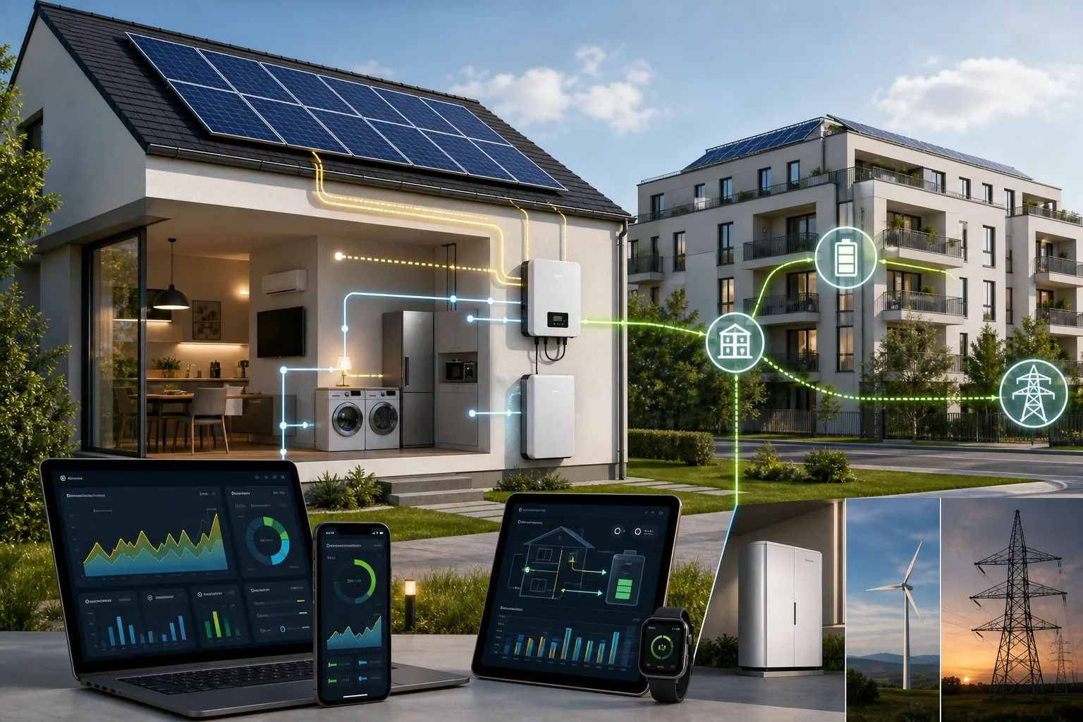 Redaktionelle Infografik zu Solarsoftware, Heimspeicher, Eigenverbrauch und Stromkosten in einem deutschen Haushalt.