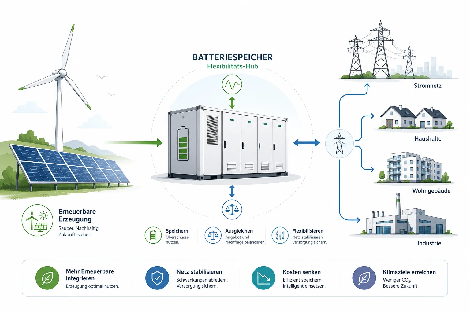 Infografik: Erneuerbare Erzeugung, Batteriespeicher und Stromnetz