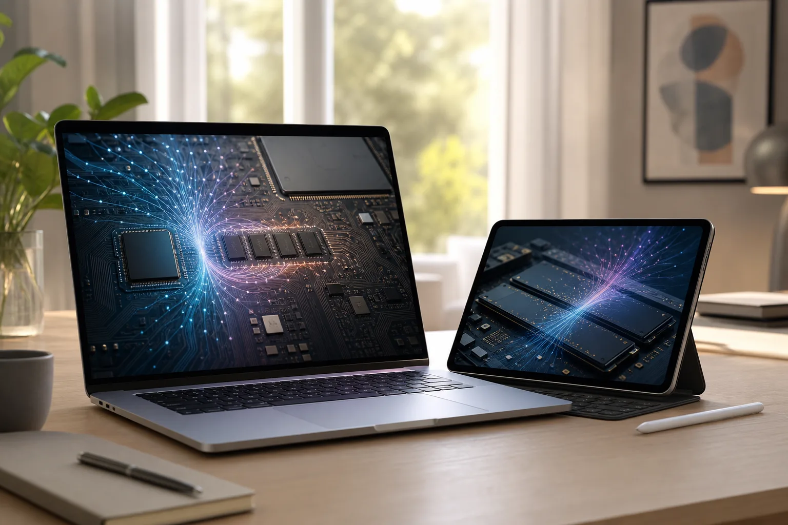 Editoriale Illustration eines iPads und Macs mit abstrakter lokaler KI, Speicher- und RAM-Visualisierung.