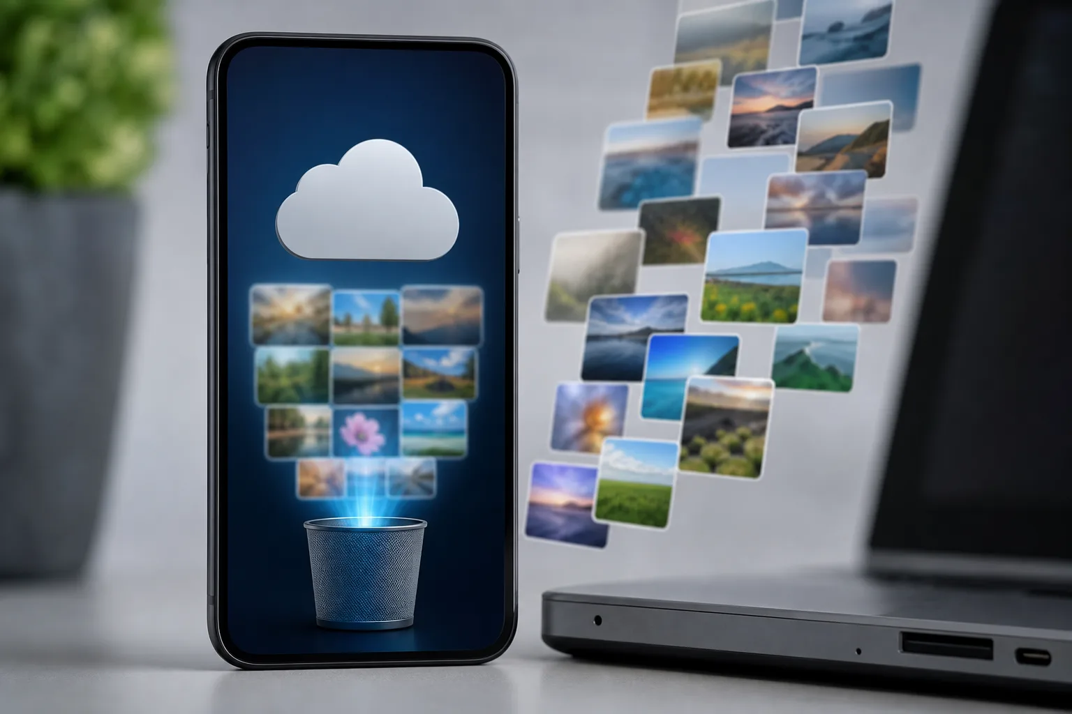 iPhone mit abstrakter Speicher- und iCloud-Aufräumgrafik auf einem Schreibtisch