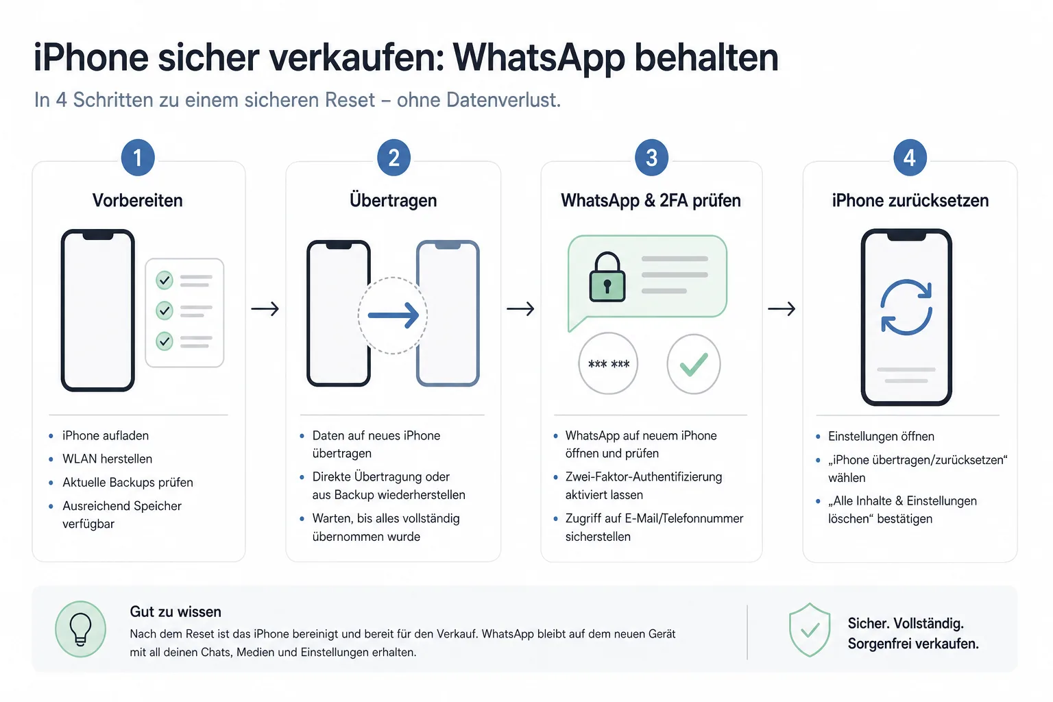 Ablaufdiagramm mit den Stationen Vorbereiten, Übertragen, WhatsApp und 2FA prüfen, iPhone zurücksetzen.