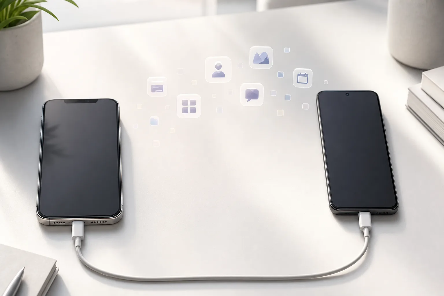 Zwei Smartphones auf einem Schreibtisch mit Kabel und dezenten Symbolen für Kontakte, Fotos, Kalender, Nachrichten und Apps.