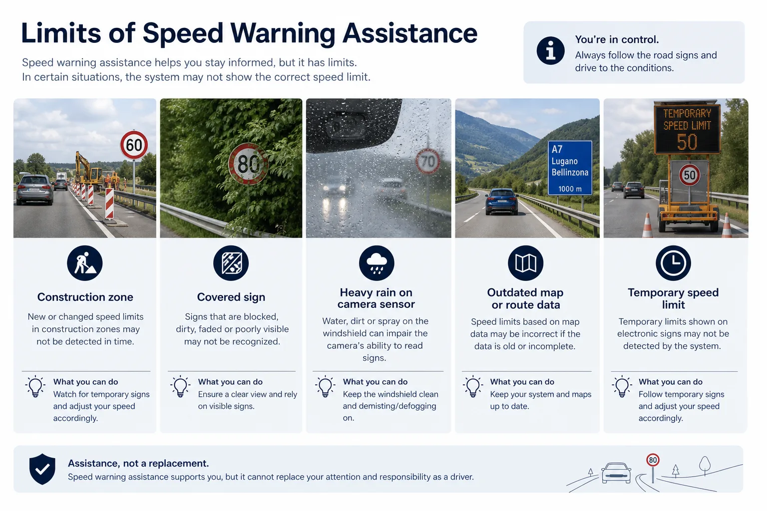 Infografik zu Baustellen, verdeckten Schildern, Wetter und alten Kartendaten als Grenzen von ISA