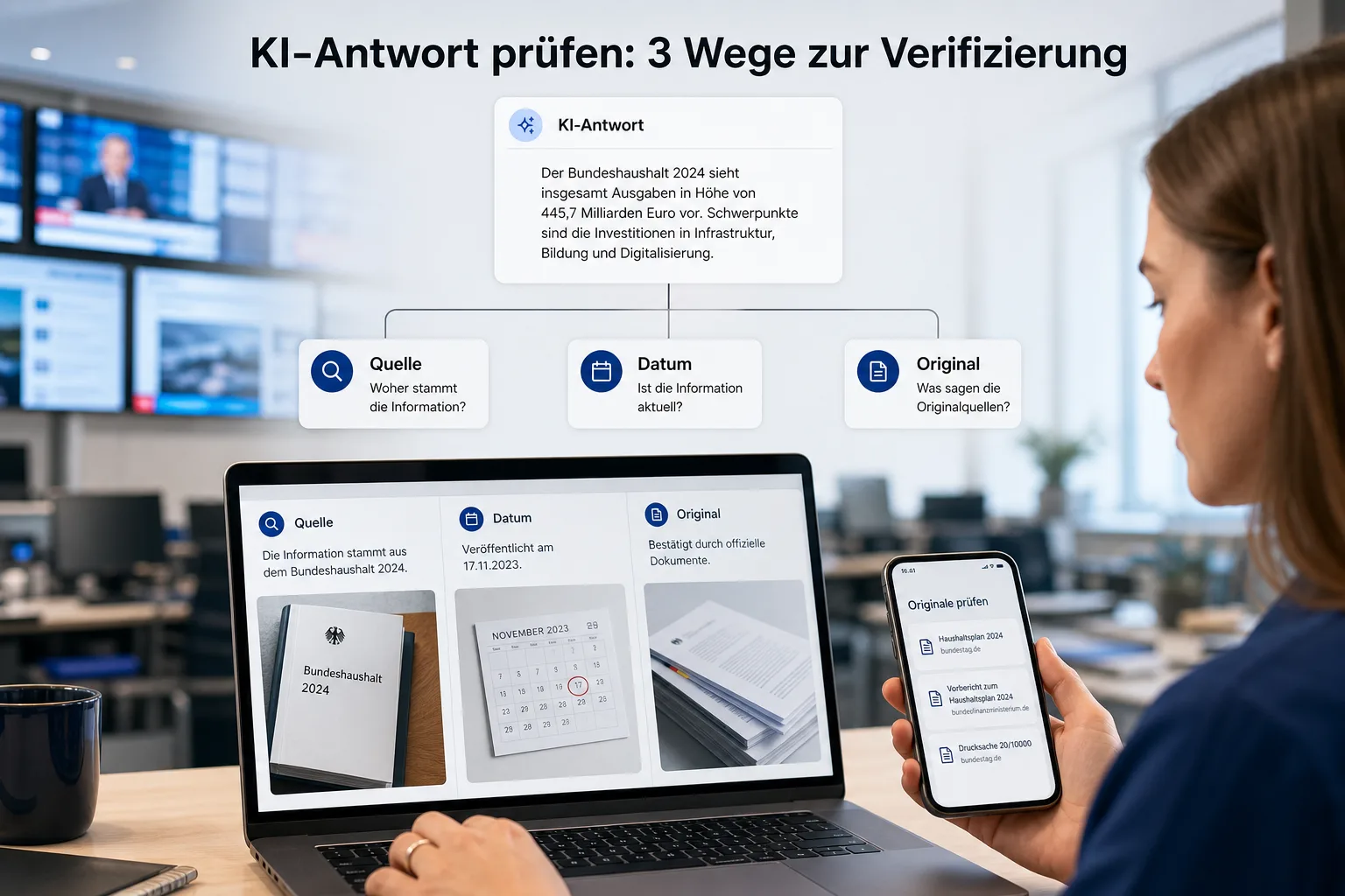 Illustration zur Prüfung von KI-Suche, Quellen, Datum und Originalinformationen auf Laptop und Smartphone.
